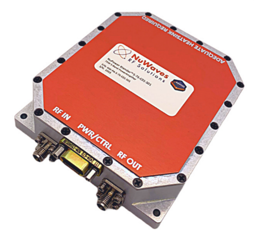 Red Rf Module Enclosure with Metal Frame, Labeled Rf in and Rf Out, Featuring Nuwaves Rf Solutions Branding.