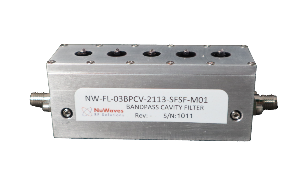 Metal Bandpass Cavity Filter Module with Nuwaves Rf Solutions Label and Two Coax Connectors on Ends